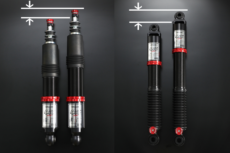 ■フロント:2.0～4.0インチのダウン量に対応するワイドな調整幅。
■リア:全長調整機構を装備することでリーフスプリング交換にも対応。