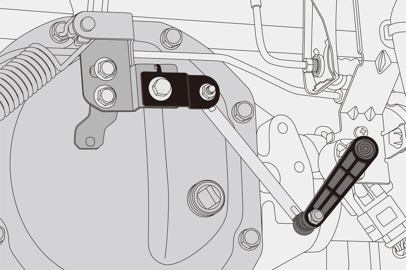 ■純正ブラケット（MC前）
ローダウンによって異常な角度まで達したセンサーアーム。センサーはこの状況を荷重による車体後部の沈み込みと判断。