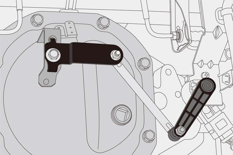 ■純正ブラケット（MC後）
ローダウンによって異常な角度まで達したセンサーアーム。センサーはこの状況を荷重による車体後部の沈み込みと判断。